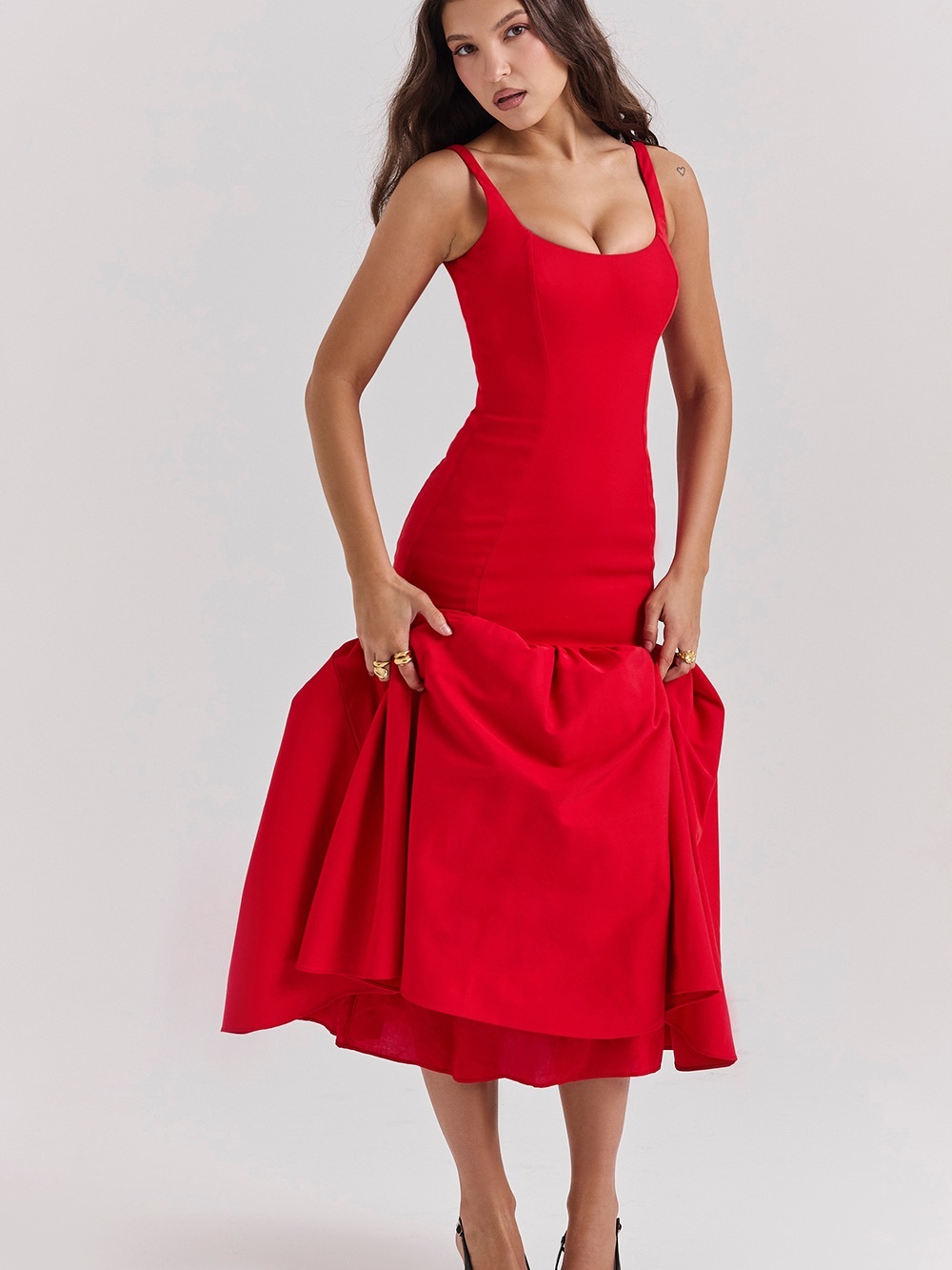 House of CB Red Scoop Midi Fit-and-Flare Dress